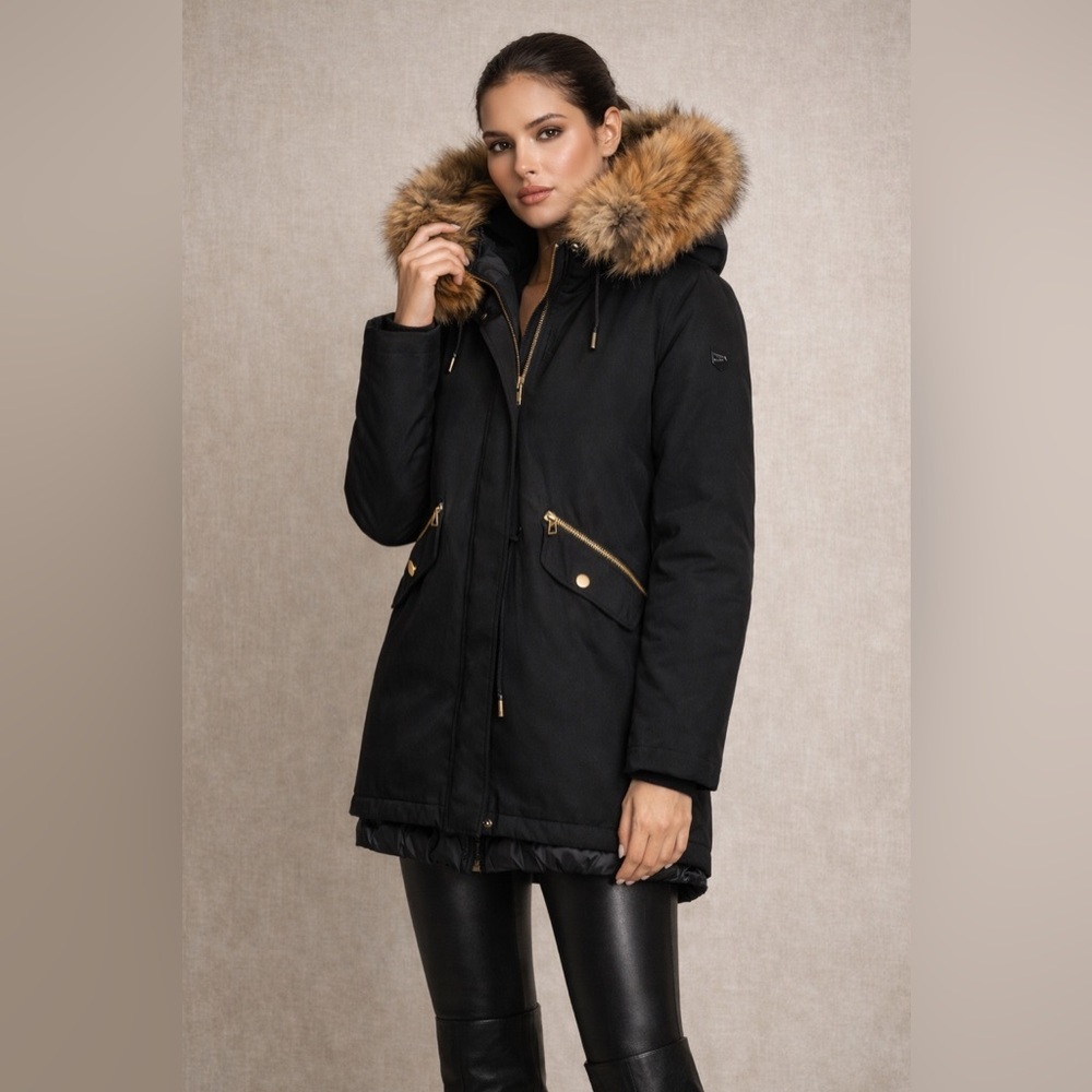 RUDSAK Mona 3-in-1 Fur Trim Parka Black Gold Hardware Luxury Winter Coat